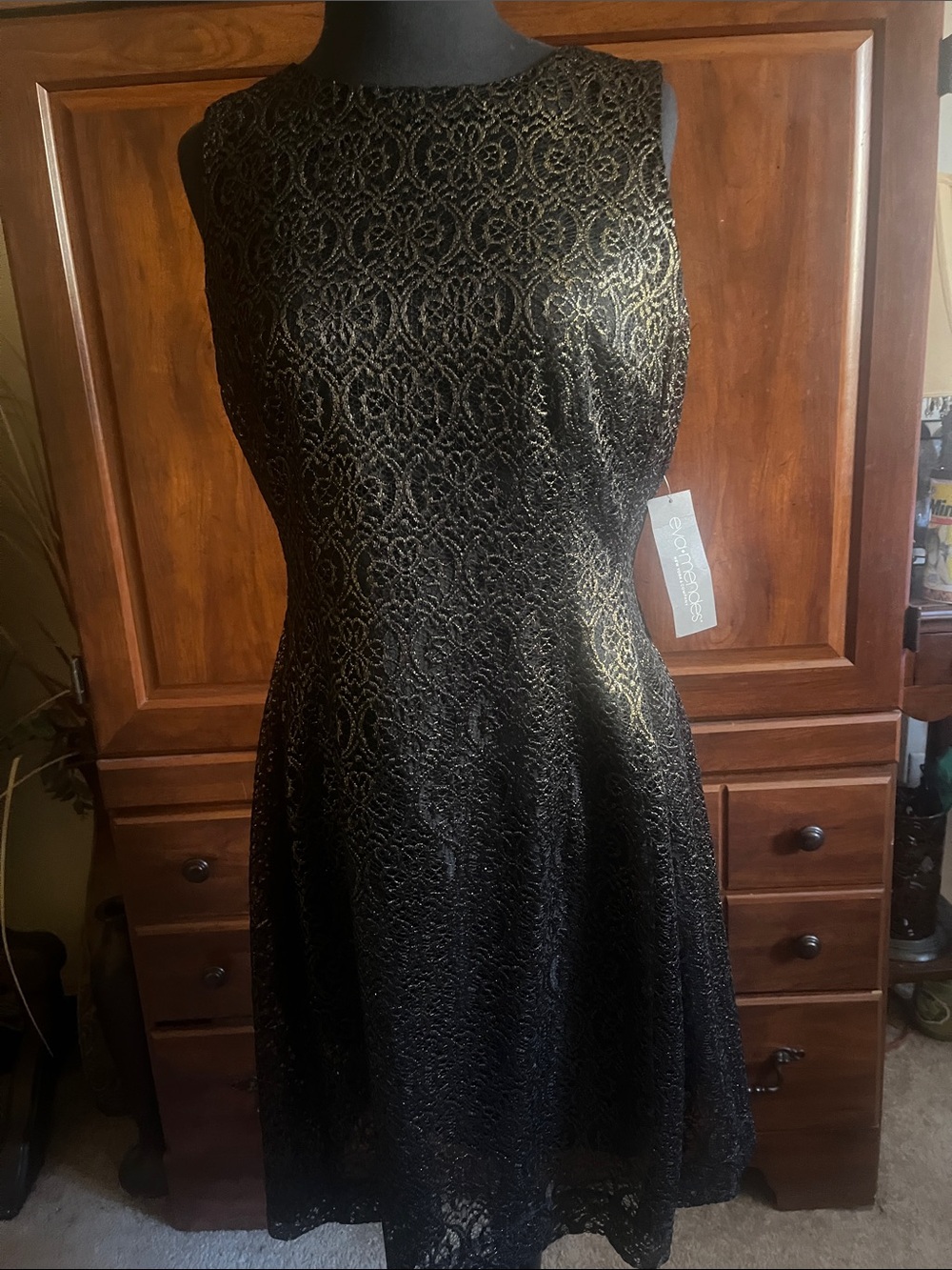 New York & Company Black and Gold Lace Fit-and-Flare Dress